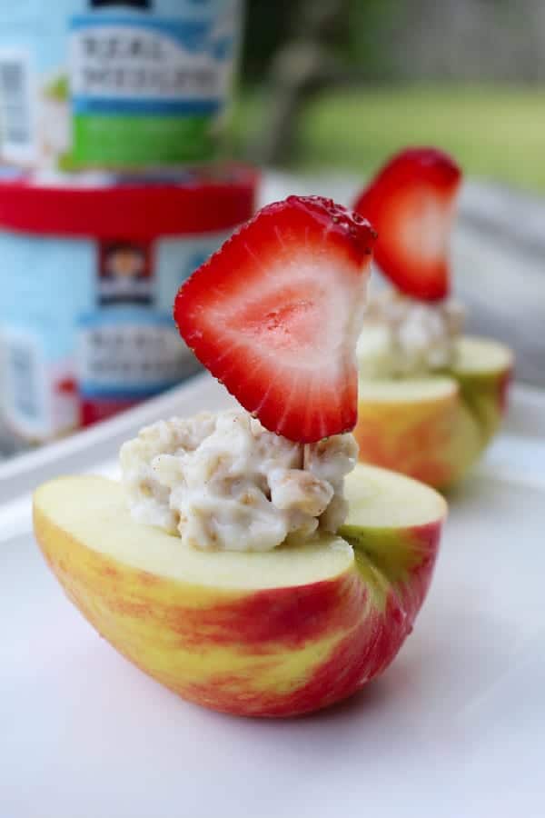 Apple Boats with Quaker Real Medleys Yogurt and Strawberry Sails