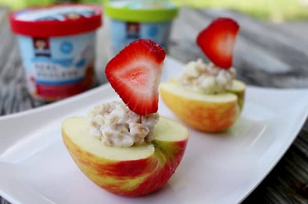 Apple Boats with Quaker Real Medleys Yogurt and Strawberry Sails