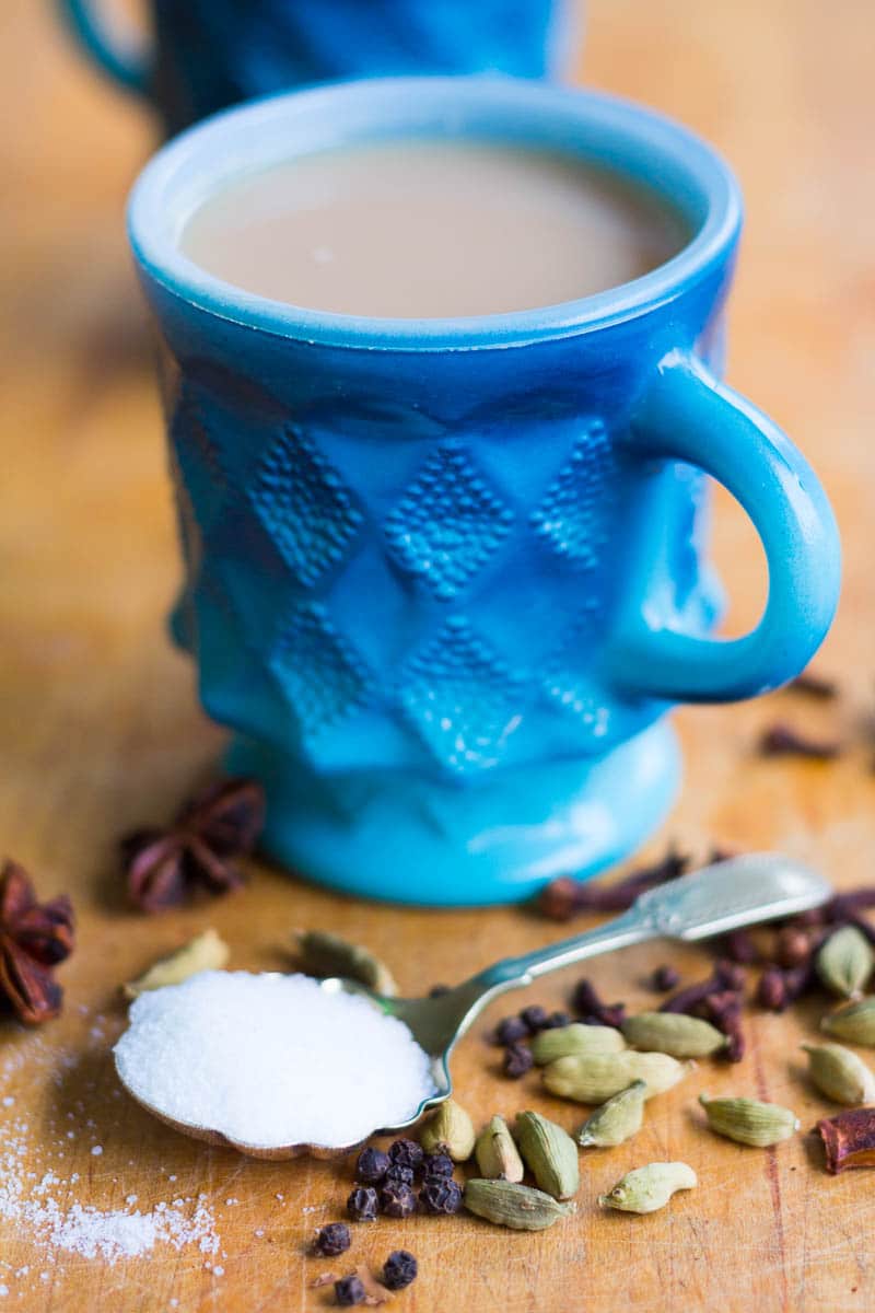 Vintage blue pot of traditional indian masala chai tea with