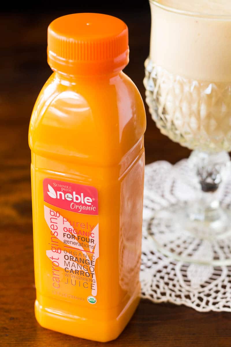 Breakfast Smoothie made with Noble Juice Orange Mango Carrot Ginseng blend