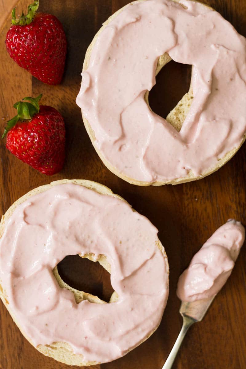 Make your own strawberry flavored cream cheese with this strawberry cream cheese recipe! All you need is three ingredients and a food processor or blender.