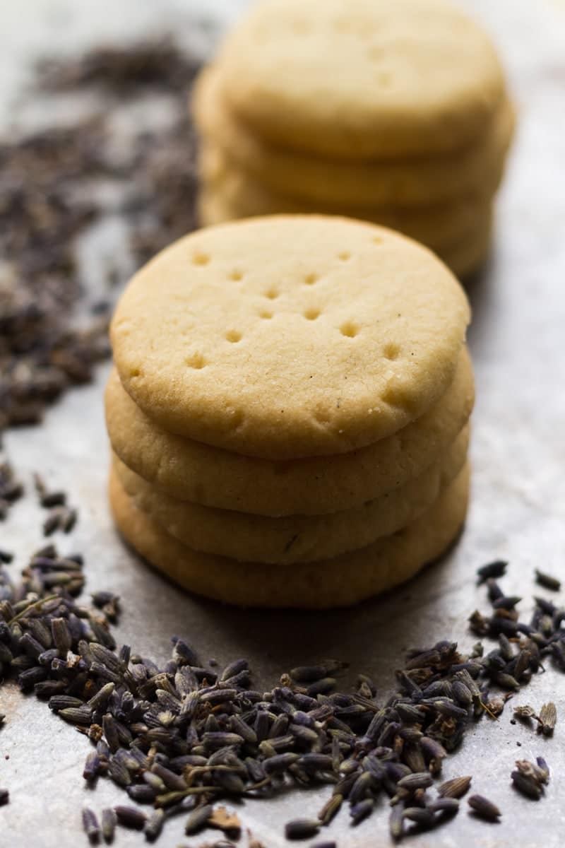 Delicately flavored with dried lavender and vanilla bean, these lavender shortbread cookies are an easy yet elegant cookie for dessert or for tea time.