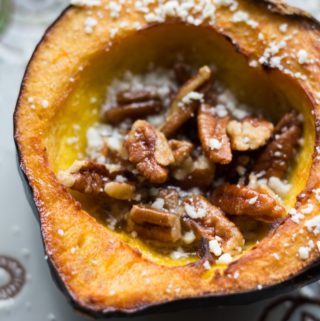 Rich, sweet roasted acorn squash doused in maple butter and filled with maple butter roasted pecans, then topped with blue cheese crumbles.