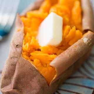 The only recipe you'll ever need for baked sweet potatoes. Crispy on the outside, fluffy on the inside. Top with butter and sea salt for pure perfection.