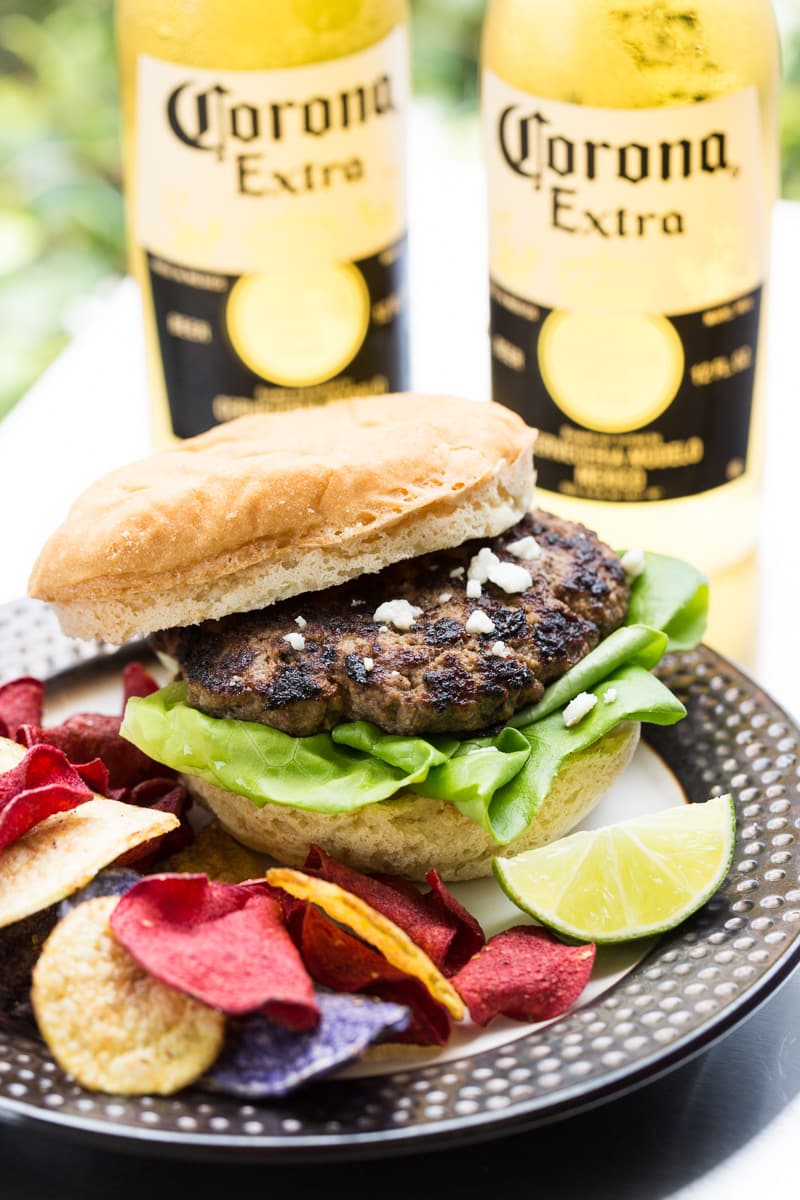 Carne Asada Mexican Burger with Corona bottles