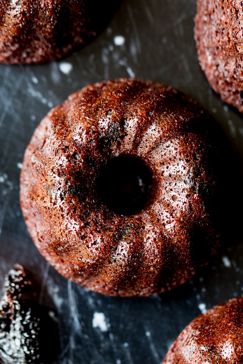 Made with pure cocoa and dried sweet cherries (soaked in a surprising ingredient to bring out the flavor), these mini bundt cakes are delicious.