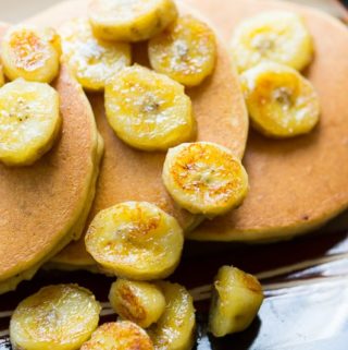 Fluffy Paleo Pancakes and Caramelized Bananas on a plate