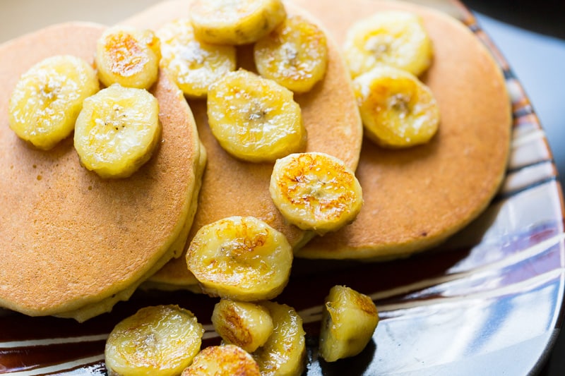 Fluffy Paleo Pancakes and Caramelized Bananas on a plate