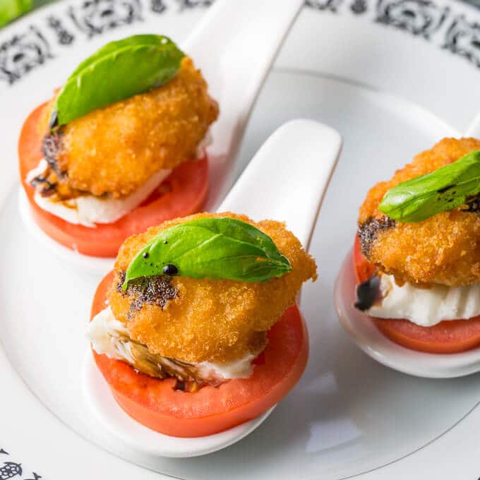 Crunchy Shrimp Caprese Salad Bites on a serving plate
