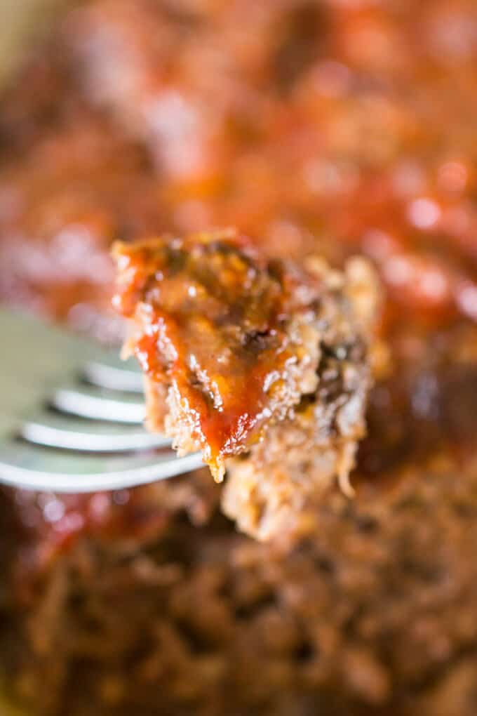 Bite of meatloaf on a fork