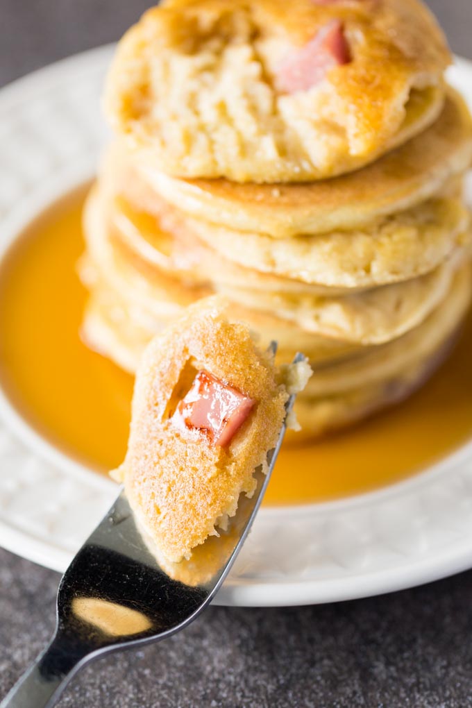 Silver Dollar Hamcakes on a Fork - Mini Pancakes with Ham