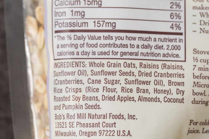 Muesli ingredient list on the back of a muesli package