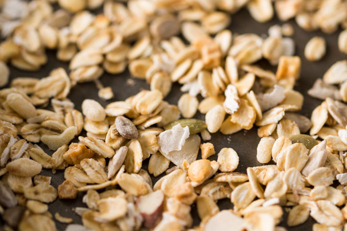 Toasting or baking muesli in a metal baking pan