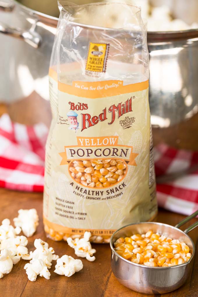 Bob's Red Mill Yellow popcorn with pot and popped corn