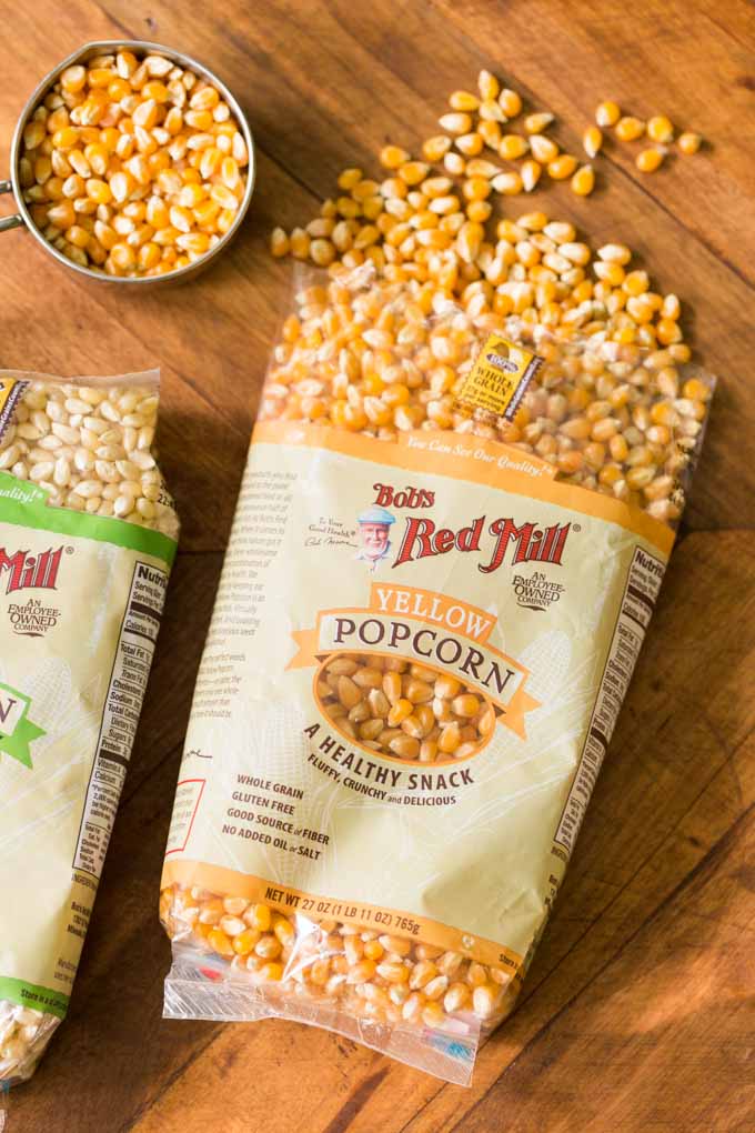 Bob's Red Mill yellow popcorn package and kernels