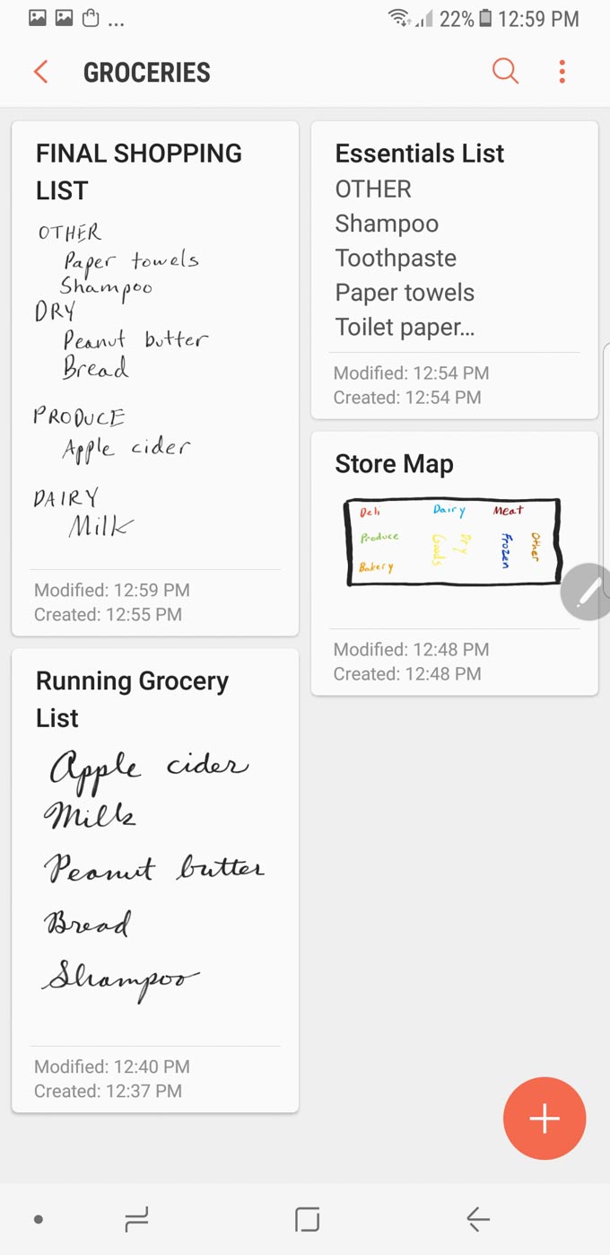 Collection of grocery lists on a smartphone