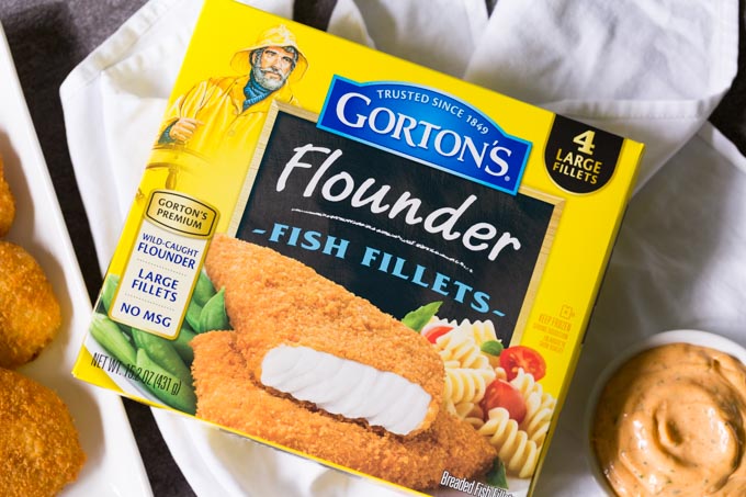 Gorton's seafood flounder box with remoulade sauce in a dish