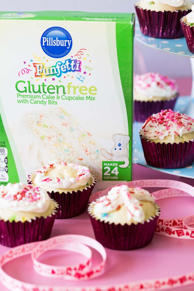 Funfetti gluten free cake mix package with valentine cupcakes