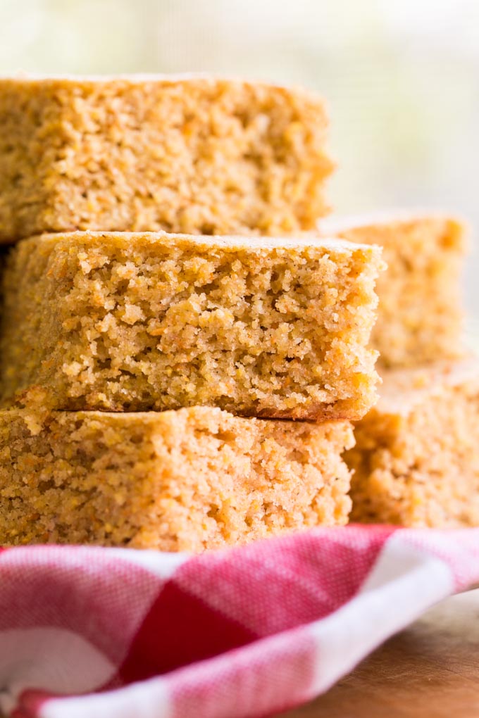 Stack of gluten free sorghum cornbread pieces on a plate