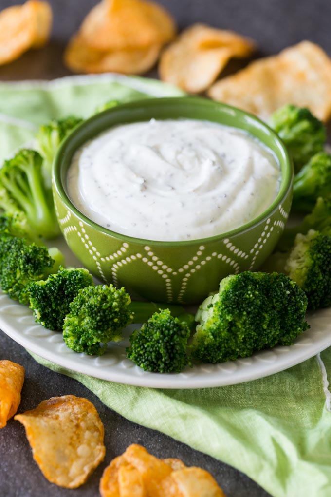 Bowl of Greek yogurt dip for veggies and chips shown with broccoli and BBQ chips