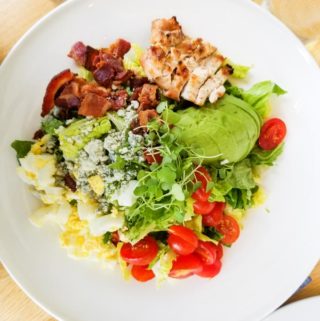 Gluten free Cobb salad on a white plate at LakeHouse restaurant