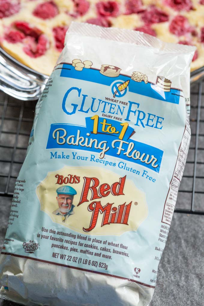 Bag of gluten free flour in front of clafoutis