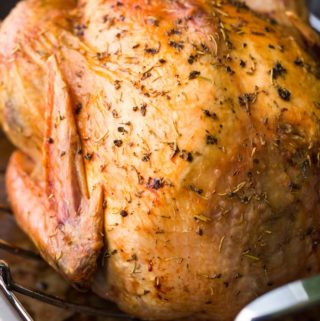 How to brine a turkey - brined and roasted whole turkey in a roasting pan