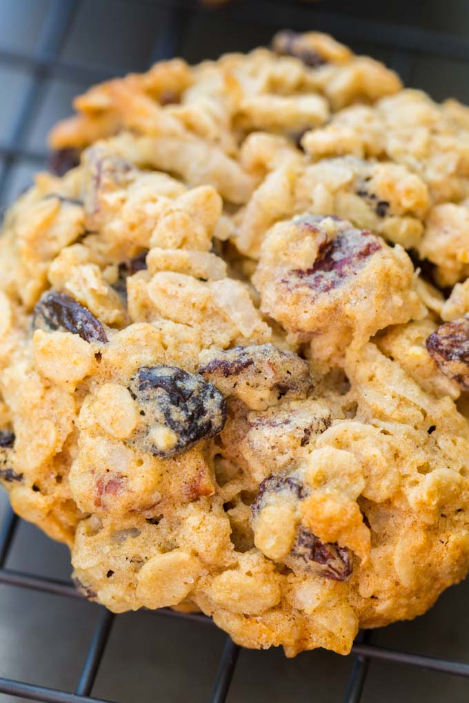 Closeup of a gluten free cowboy cookie on a rack