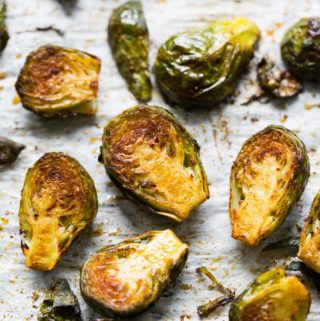 Roasted Brussels Sprouts with Honey on a baking sheet