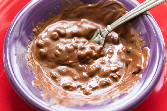 Mostly melted chocolate chips in a bowl